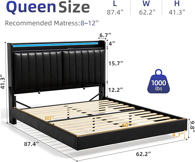 Jocoevol Queen Size Floating Bed Frame with Ergonomic Hidden Storage Headboard and LED Lights, Visual Floating LED Bed Frame with Charing Station, Leather Upholstered Platform Bed, Heavy Duty, Black