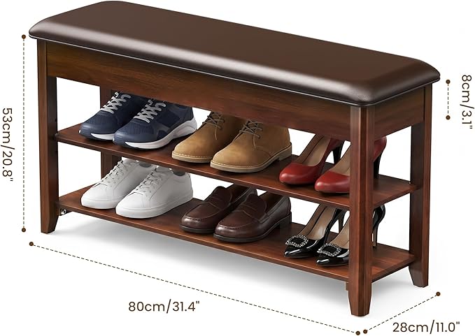 LBT Solid Wood Entryway Shoe Bench with Storage, Adjustable 2-Tier Shoe Rack, Flip-Top Hidden Compartment, Padded Leather Seat, Heavy-Duty 550 lb Capacity for Entryway, Mudroom, Closet 31.5 inch