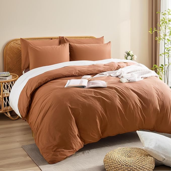 NEXHOME PRO Duvet Cover Set 100% Washed Cotton Full Size Linen Feel Textured Organic Natural 3 Pieces Bedding Set Terracotta Burnt Orange with Zipper Closure, Corner Ties Breathable (No Comforter)