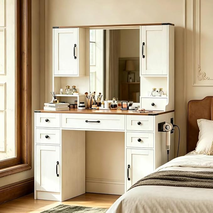 KAMABOKO Vanity Desk with Mirror and Lights, Large Makeup Vanity with 5 Drawers and 4 Storage Cabinets, 3 LED Lights Modes, Brown Dressing Table Set for Girls Bedroom