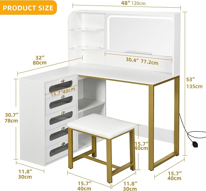YITAHOME Vanity Desk Set- L Makeup Vanity with Mirror and Lights 3 Lighting Modes, 48" Large Makeup Table with 5 Tempered Glass Drawers with Open Storage Shelves Vanity Table, White
