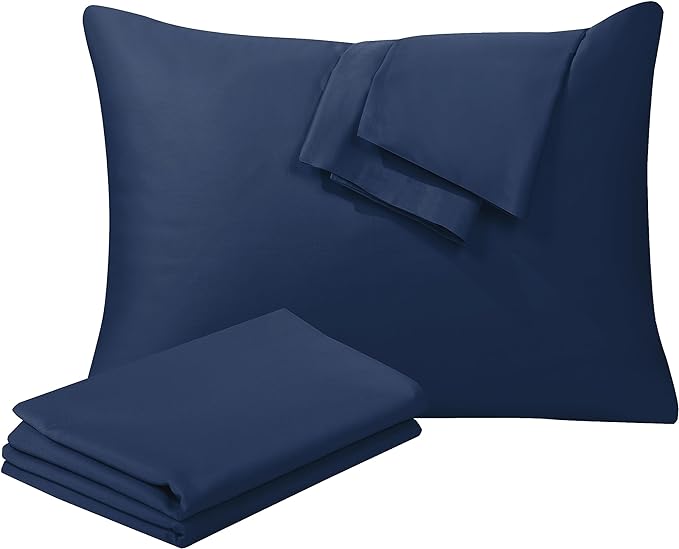 100% Egyptian Cotton Standard Pillow Protectors Set of 4, 400 Thread Count Sateen Weave Cooling Pillowcase, Easy Care Zippered Style Pillow Covers (4 Pack, Navy Blue,Standard)