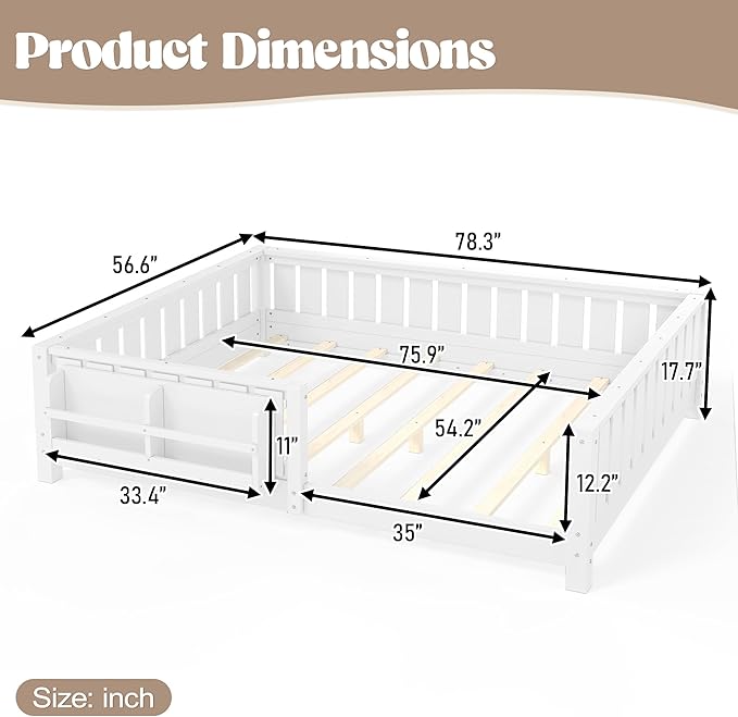 Bellemave Full Size Kids Montessori Bed with Bookshelf,Solid Wood Full Floor Bed Frame with Fence and Slats for Girls Boys,Low-Profile,White