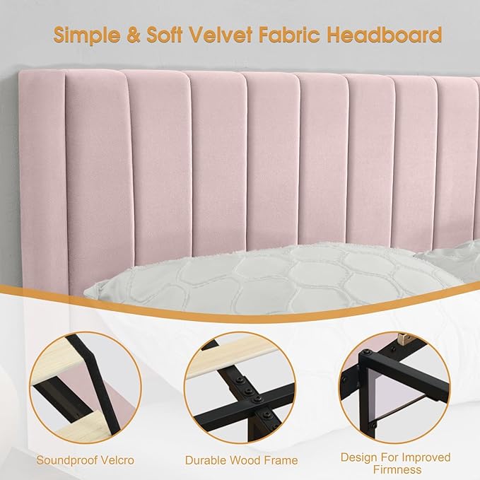 Full Bed Frame Upholstered Platform,Full Size Bed Frame with Velvet Headboard,Non-Slip and Noise-Free/Wooden Slats Support/No Box Spring Needed/Easy Assembly/Mattress Foundation (Pink, Full)