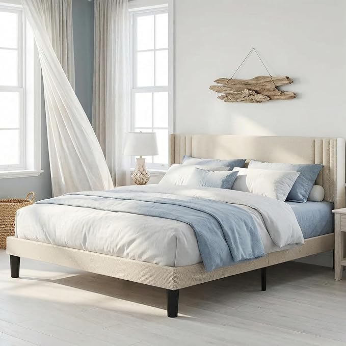 Gizoon Full Bed Frame with Wingback Headboard, Upholstered Platform Bed with Modern Geometric Headboard, Wooden Slats, Noise-Free, No Box Spring Needed