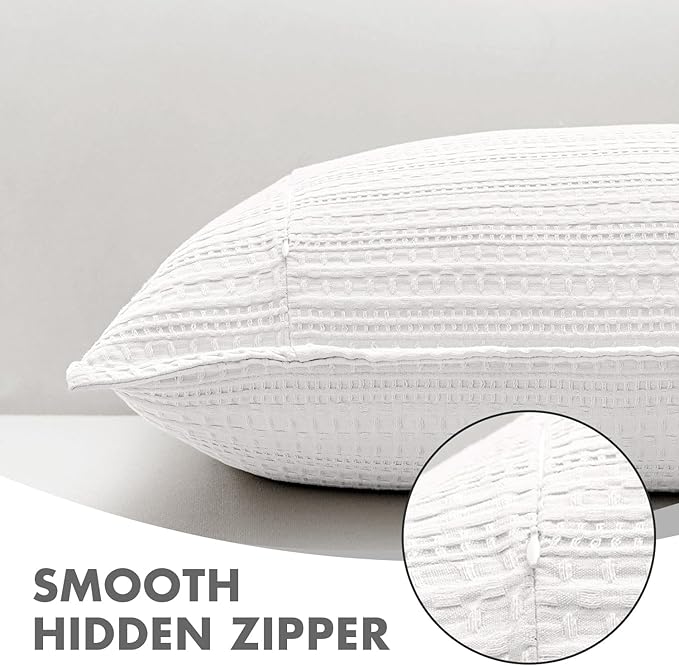 100% Cotton Waffle Pillow Shams King Size, 2 Pack 20x36 Decorative Pillow Covers for Bed Couch Sofa, Neutral Weave Cushion Cases Modern Farmhouse Home Decor, White