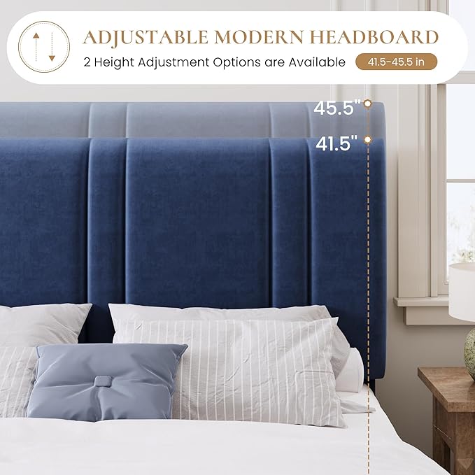 SHA CERLIN Full Size Platform Bed Frame, Velvet Upholstered Bed with Adjustable Headboard, Vertical Channel Tufted Design, Sturdy Wood Slat Support, No Box Spring Needed, Easy Assembly, Dark Blue