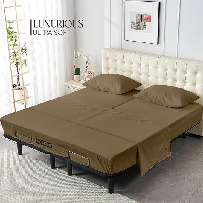 4 Piece Split Head Flex Sheet Set, 34" Top Split King Sheets for Adjustable Beds, 100% Egyptian Cotton, 16 Inch Deep Pocket, Soft Durable Breathable Sheets, Taupe Solid, Ideal for Adjustable Beds