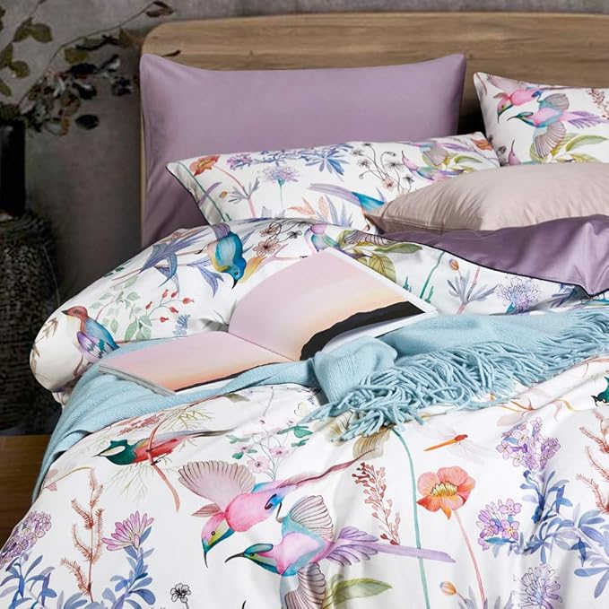 VM VOUGEMARKET Multi Color King Duvet Cover Set with Floral Bird Pattern,White Purple Bedding Set,Lightweight Elegant Botanical Duvet Cover for Girls