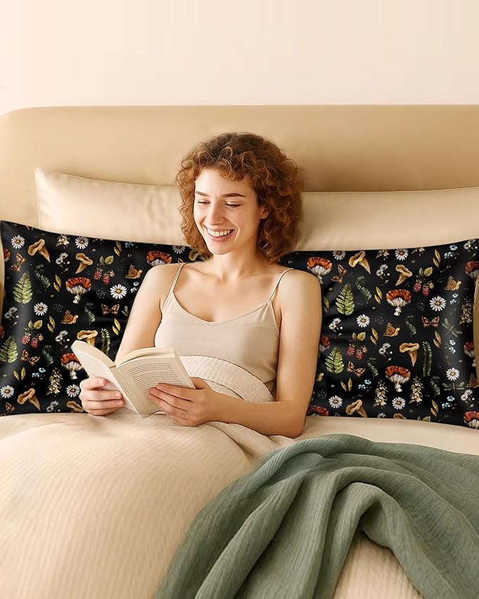 Miss Adola Silk Body Pillow Cover with Zipper - 20x54 Inch Silk Long Pillow Case for Women Ladies Adults Soft Bed Decorative Cute Boho Large Body Pillowcase Sham for Hair and Skin, Mushroom Plants