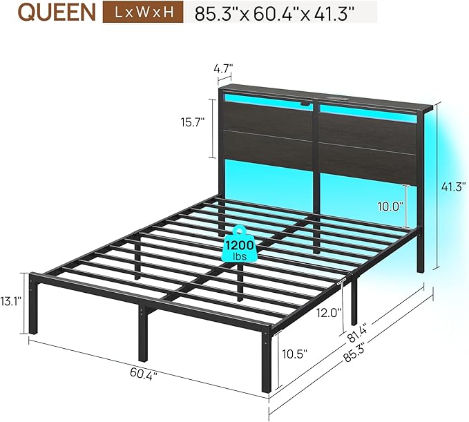 Rolanstar Queen Bed Frame with Headboard, Bed Frame Queen with LED Lights, Camas Queen Size Bed with Charging Station, Solid Metal Slats, Noise Free, No Box Spring Needed, Black Oak