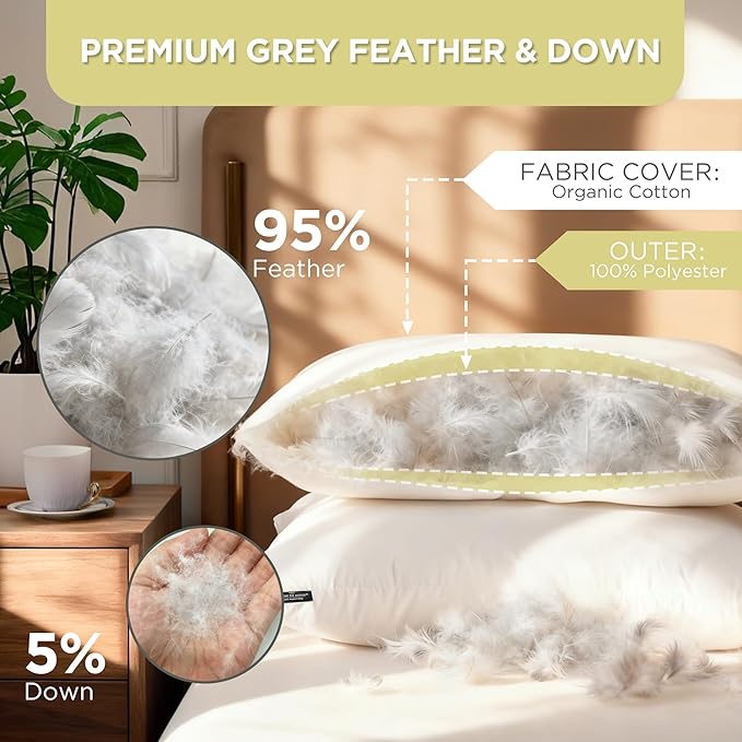 Farm to Home Feather and Down Pillows, 100% Organic Cotton Cover Pillows, Luxury Hotel Collection Bed Pillows for Sleeping, 20" x 28" Queen/Jumbo Size Set of 2