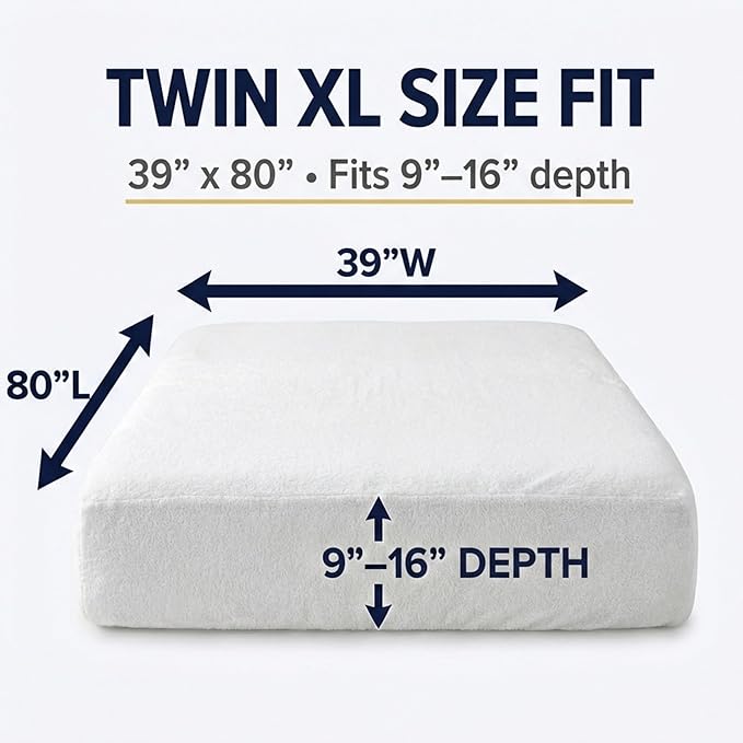 Twin Extra Long (XL) Mattress Protector - Zippered Waterproof Mattress Cover - Deep Pocket Encasement with Cotton Terry Top