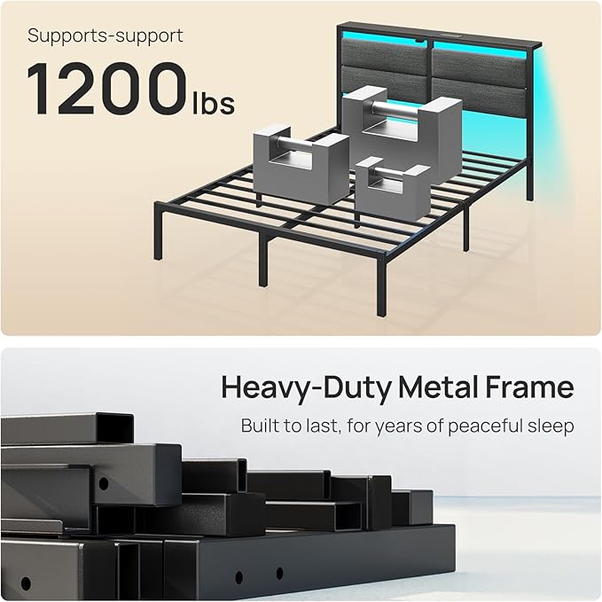 Rolanstar Queen Bed Frame with Charging Station, LED Bed Frame Queen with Upholstered Storage Headboard, Platform Bed with Metal Slats & Under Bed Storage, No Box Spring Needed, Noise Free, Grey