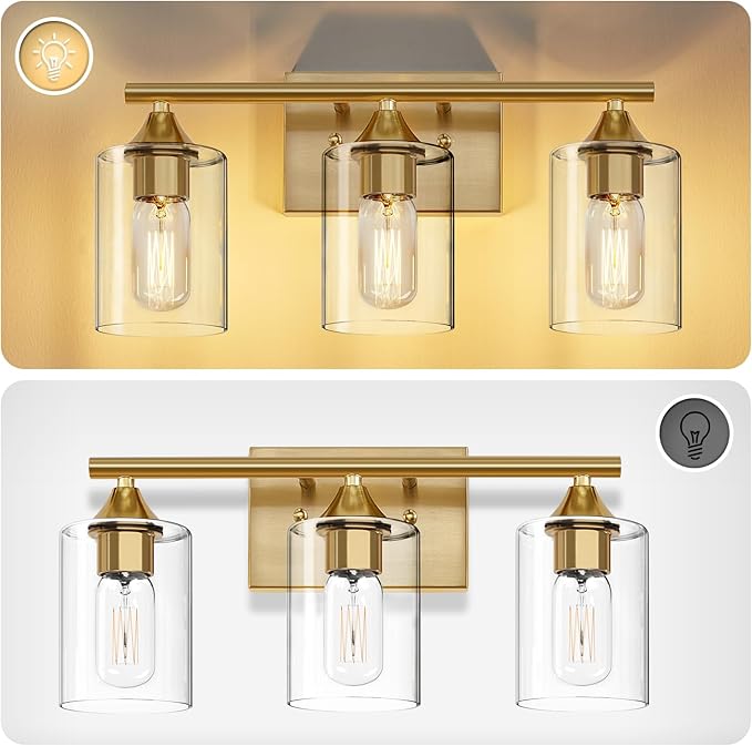 Gold Bathroom Light Fixtures,3-Light Vanity Lights,Modern Brushed Brass Gold Wall Sconce Lighting,Bathroom Wall Lamp for Mirror Bedroom Living Room Vanity Table Hallway