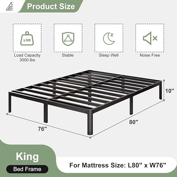 Lutown-Teen 10 Inch King Bed Frame with Rounded Corner Legs, 2000 LBS Heavy Duty Metal King Size Platform Bed Frame No Box Spring Needed, Noise Free, Easy Assembly, Black
