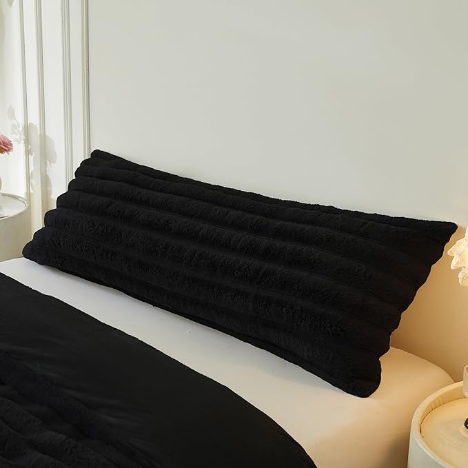 MEGO Soft Faux Rabbit Fur Body Pillow Cover 20"x54", Cozy Plush Fuzzy Striped Bed Pillowcase with Zipper, Shaggy Furry Ribbed Long Bolster Pillow Cover Decorative for Bed Couch Sofa Bedroom, Black
