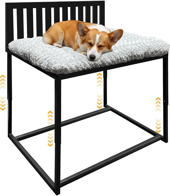 Heavy Duty Dog Bunk Bed, Adjustable Height Metal Dog Bed Frame with Wooden Side Panels & Washable Cushions, Elevated Raised Pet Bed for Large Dogs,26‘’x18.5‘’