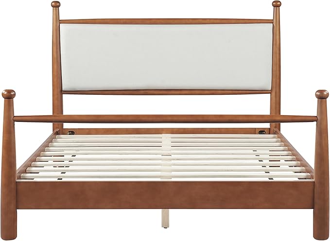 Merax Modern Queen Size Solid Wood Platform Bed with Upholstered Headboard, Mid-Century Low Bed Frame with Sturdy Wood Legs/No Box Spring Needed/Easy Assembly, Beige+Walnut