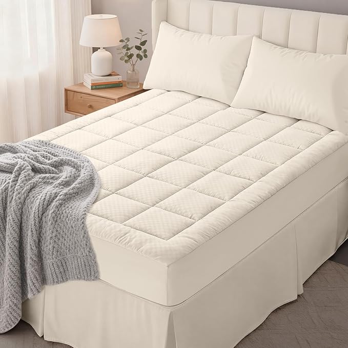 OLANLY Twin XL Quilted Fitted Mattress Pad, Elastic Fitted Mattress Topper, Cooling Soft Mattress Cover Stretches up to 21 Inches Deep, Machine Washable Mattress Protector (39x80 inch, Ivory White)