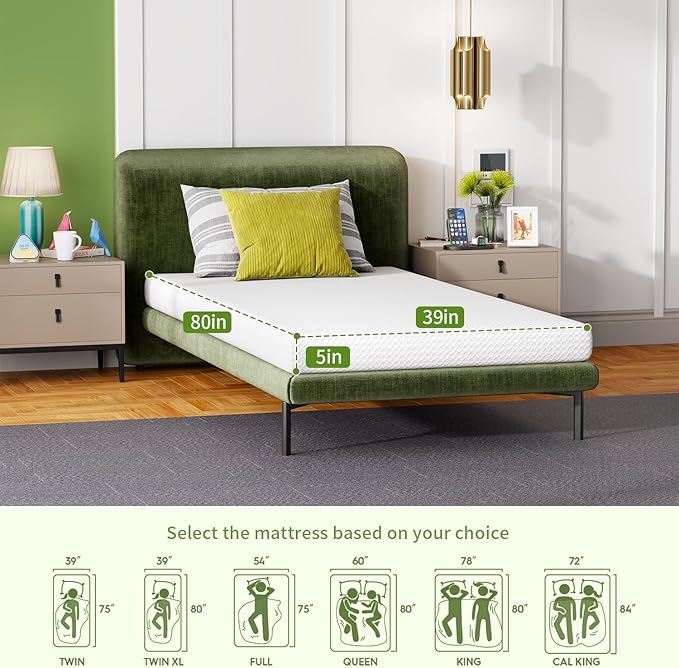 FDW | 5 Inch Twin XL Mattress | Medium Firm | Gel Memory Foam Mattress | White | Bed in a Box, CertiPUR-US Certified | Pressure Relief, Cooling Ventilated Foam | Washable Removable Cover