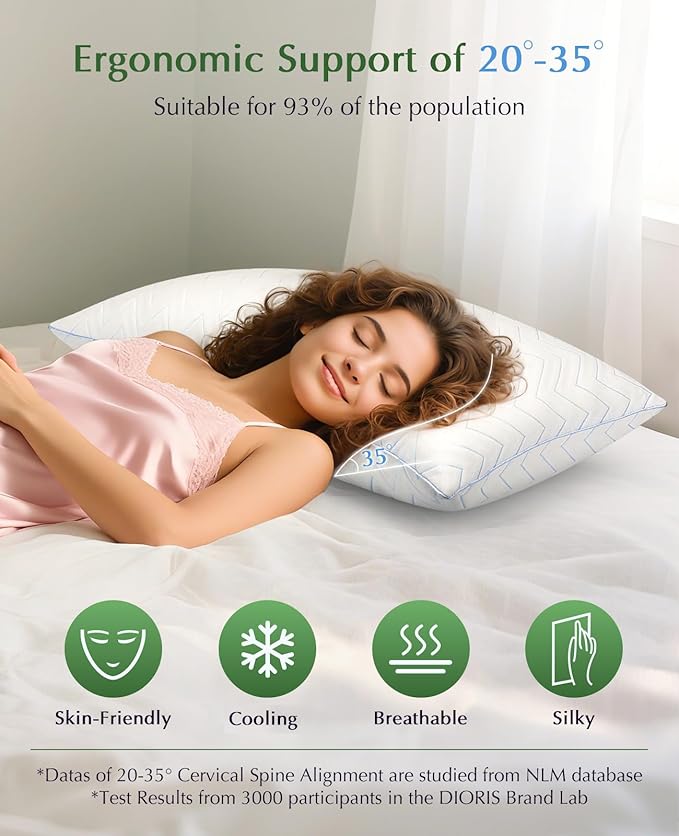 DIORIS Queen Size Pillows Set of 2 - Hotel-Quality Down Alternative Bed Pillows for Back, Side & Stomach Sleepers, Cooling Breathable Microfiber Fill, Medium Firm Support for Neck & Shoulder