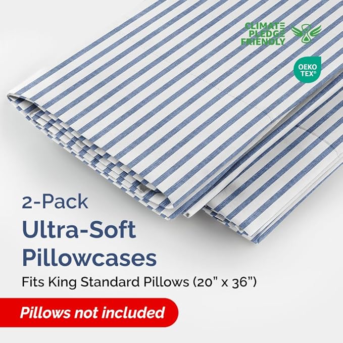 King Standard Pillow Cases Set of 2 - Ultra-Soft Hotel Quality Pillowcase Covers - Comfy, Cozy & Fade Free - Wrinkle Resistant - Machine Washable Pillow Protectors - 2 Piece Set - Blue Stripes 2