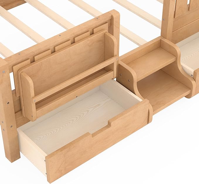 Bellemave Twin Bed with Storage Drawers & Bookshelf, Low Profile Kids Bed Frame with Staircase & Full Length Guardrails, Solid Wood Twin Bed for Kids with Slats Load 300LBS, Easy Assembly, Natural