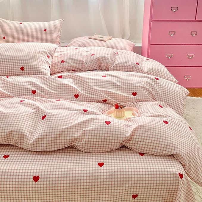 Nayoroom Gingham Duvet Cover Queen Size Pink Plaid Red Heart Printed on White Bedding Set 3 Pcs Kids Girls Cute Heart-Shaped Comforter Cover with Zipper Closure Soft Breathable Microfiber