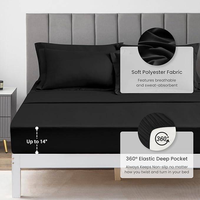 Love's cabin Twin XL Comforter Set Black, 5 Pieces Twin XL Bed in a Bag, All Season Bedding Sets with 1 Comforter, 1 Flat Sheet, 1 Fitted Sheet, 1 Pillowcase and 1 Pillow Sham | Soft, Breathable, Lightweight, Comfortable