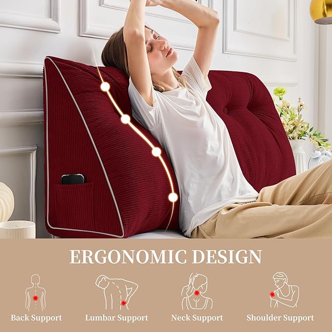 Sasttie Headboard Pillow Twin/Twin XL, Wedge Pillow Headboard for Dorm, Triangular Daybed Backrest Cushion for Sitting or Reading in Bed, with Removable Washable Cover, Wine