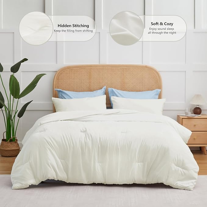 CozyLux Queen Comforter Set Ivory, 3 Pieces Solid Comforters Queen Size Breathable Quilted Bedding Sets, Luxury Soft Lightweight Bed Set with Down Alternative Comforter and 2 Pillowcases All Seasons