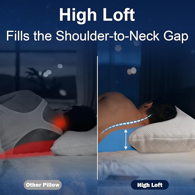 5.5'' High Loft Memory Foam Pillow for Side Sleepers, Extra Thick Firm Pillow for Broad Shoulders & Large Frames, Designed to Stay Elevated, High Profile Pillow with Washable Cover