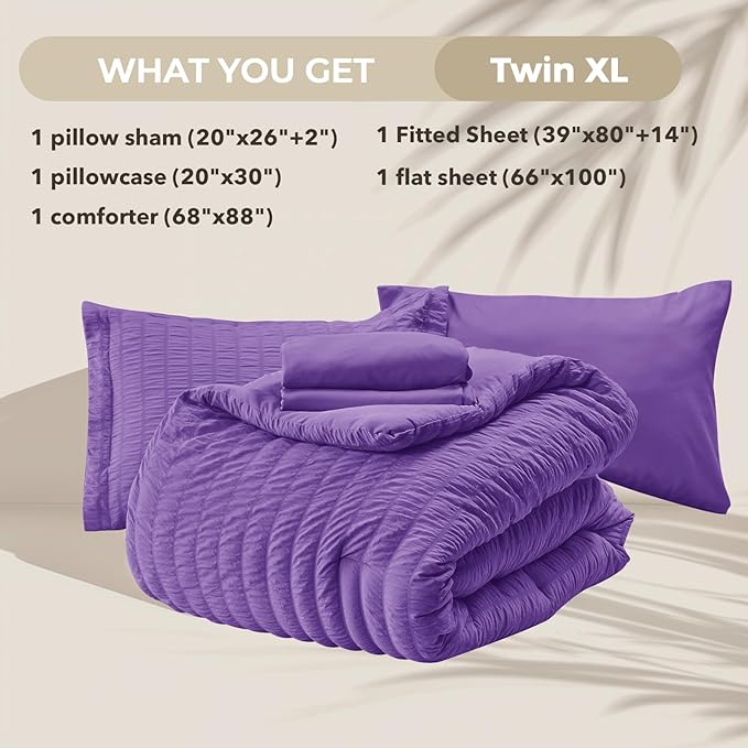 HYMOKEGE Bright Purple Twin XL Comforter Set Seersucker 5 Pieces, All Season Luxury Bed in a Bag for Bedroom, Bedding Set with Comforter, Sheets, Pillowcase & Sham