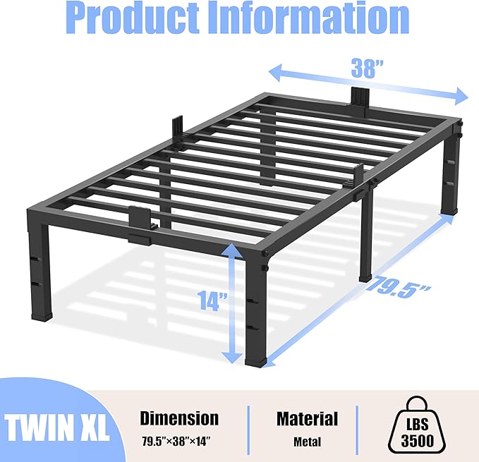 Yitong Angel Twin XL Size Bed Frames 14 inch High 3500 lbs Heavy Duty Metal Platform Mattress Foundation with Steel Slat Support/No Box Spring Needed/Noise Free/Non-Slip/Easy Assembly