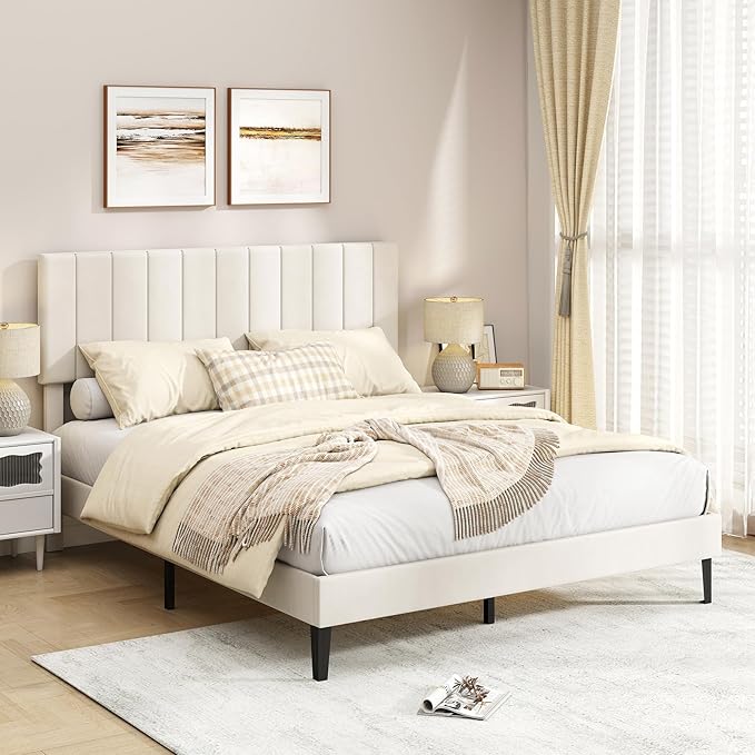 Giantex Queen Size Velvet Upholstered Bed Frame, Platform Bed with Height Adjustable Vertical Channel Headboard, Wooden Slats Support Mattress Foundation, No Box Spring Needed, Noise Free, Beige