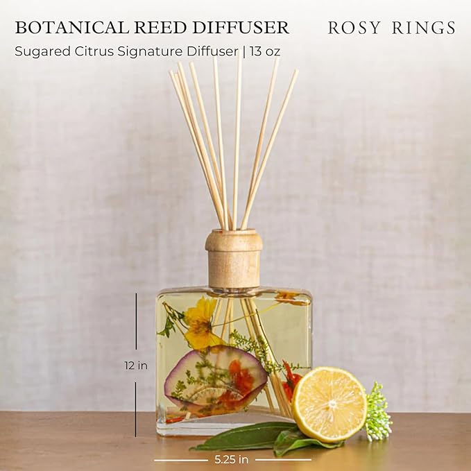 Rosy Rings Sugared Citrus Signature Botanical Reed Diffuser, Single Piece, 13 oz Last 9-12 Months Glass Natural Oils with Floral Embedded Flowers Bright Fruity Aroma, Livingroom Decor Spa Relaxation