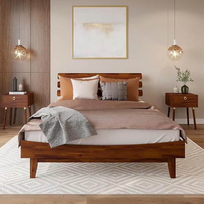 Bme Caden Queen Bed Frame and Adjustable Headboard, 15 Inch Mid Century Retro Style - Solid Acacia Wood - No Box Spring Needed - 12 Strong Wood Slat Support - Easy Assembly - Dark Chocolate