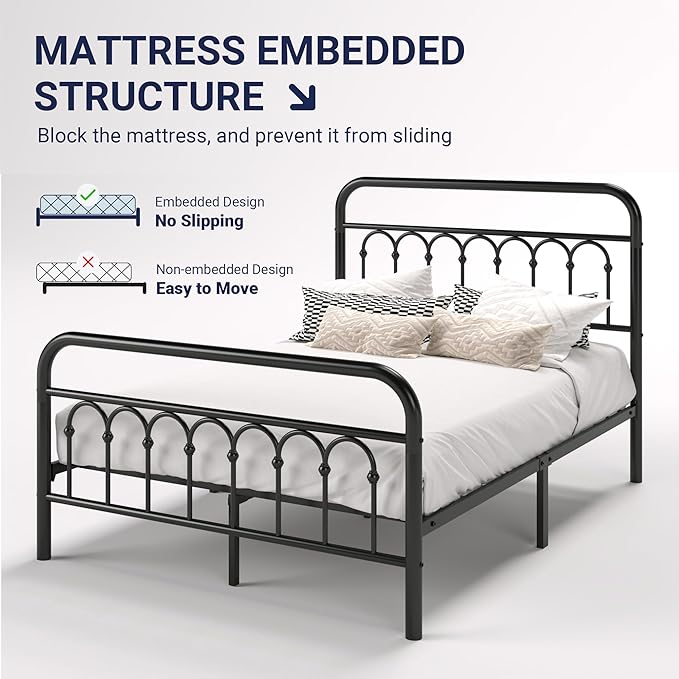 Allewie 14 Inches Full Size Metal Platform Bed Frame with Victorian Style Curved Iron-Art Headboard/Footboard, Metal Slats Support, Easy Assembly, Under Bed Storage, No Box Spring Required, Black