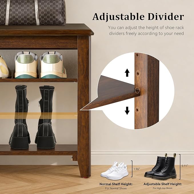 Taitiy Shoe Bench Storage Rubberwood, Entryway Bench with 3-Tiers Height Adjustable, Shoe Rack Front Door Entrance Organizer for Hallway Living Room, Mudrooms, Walnut,31.5"