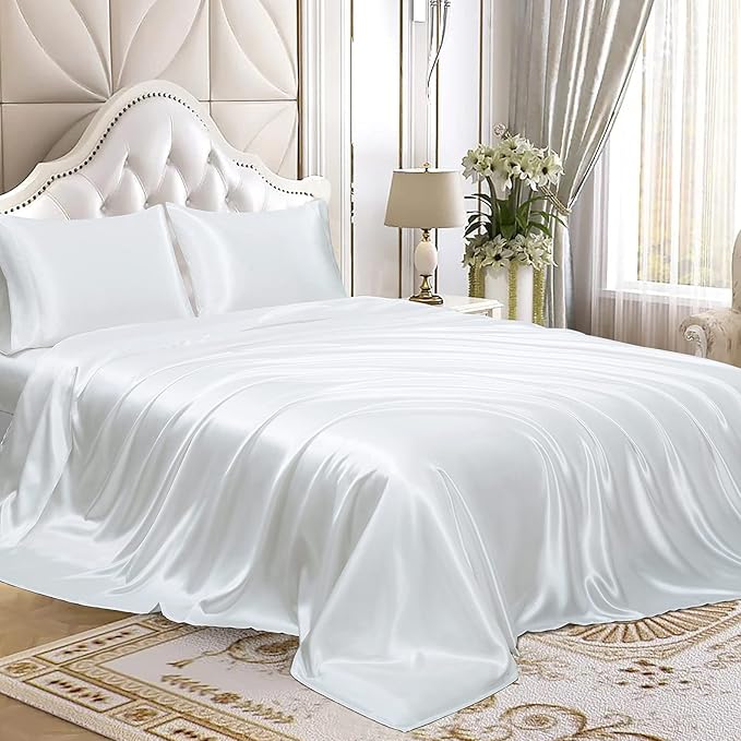 Homiest 4pcs Satin Sheets Set Luxury Silky Satin Bedding Set with Deep Pocket, 1 Fitted Sheet + 1 Flat Sheet + 2 Pillowcases (Full Size, White)