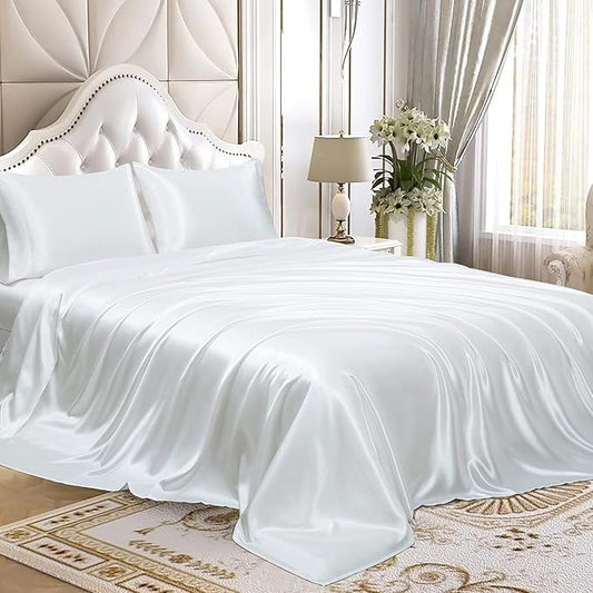 Homiest 4pcs Satin Sheets Set Luxury Silky Satin Bedding Set with Deep Pocket, 1 Fitted Sheet + 1 Flat Sheet + 2 Pillowcases (Full Size, White)
