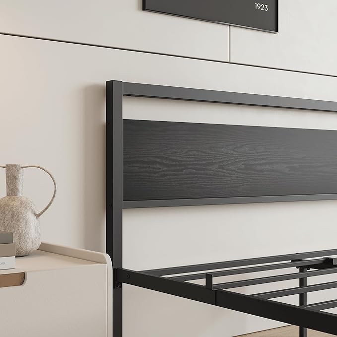 HOJINLINERO Queen Bed Frame with Wood Headboard,Metal Platform Bed Frame Queen Size with Storage No Box Spring Needed,Heavy Duty Queen Size Bed Frame Metal Slats Support Mattress Base No Noise,Black