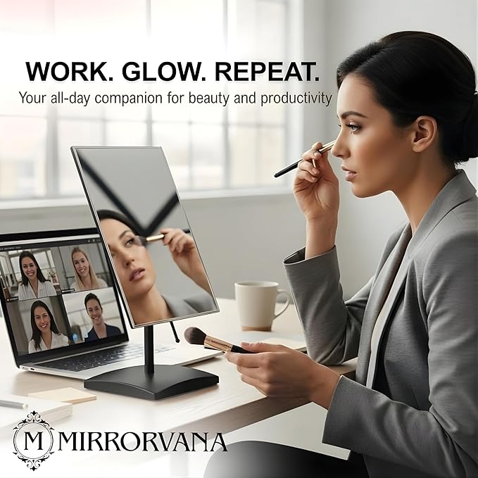 MIRRORVANA Large Table Desk Mirror with Stand for Office Desktop, Makeup Vanity and Bathroom Countertop - Personal Adjustable Face Mirror - 9.8" x 7" (Black)