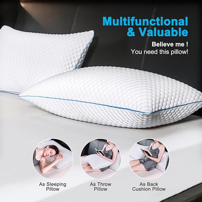 VVZ Cooling Bed Pillows Standard Size Set of 2,Shredded Memory Foam Pillows with Gel, Adjustable Firmness for Side, Back, Stomach Sleepers, 20x26, White