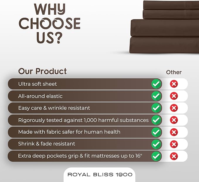 Queen Double Brushed Cooling Sheets - 4 Piece Deep Pocket Queen Size Bedding (Chocolate)