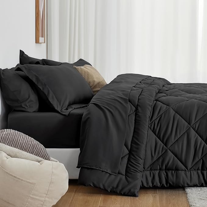 Love's cabin Oversized Queen Comforter Set Black, 7 Pieces Bed in a Bag, All Season Queen Bedding Sets with 1 Comforter, 1 Flat Sheet, 1 Fitted Sheet, 2 Pillowcase and 2 Pillow Sham | Soft, Breathable, Lightweight, Comfortable