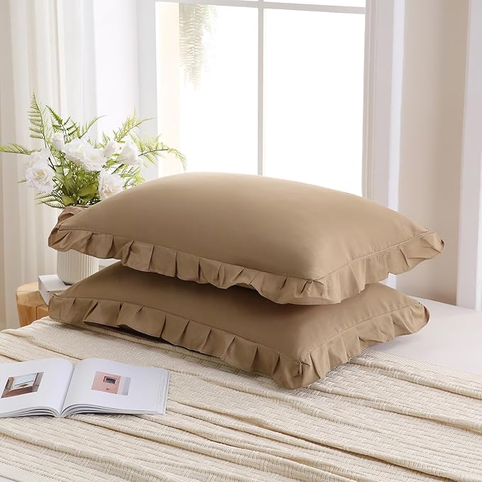 Merryword Taupe Pillow Shams Taupe Ruffle Standard Pillowcases Cute Pillow Cover Set of 2 Shabby Chic Soft Microfiber Pillowcases 2 Pack