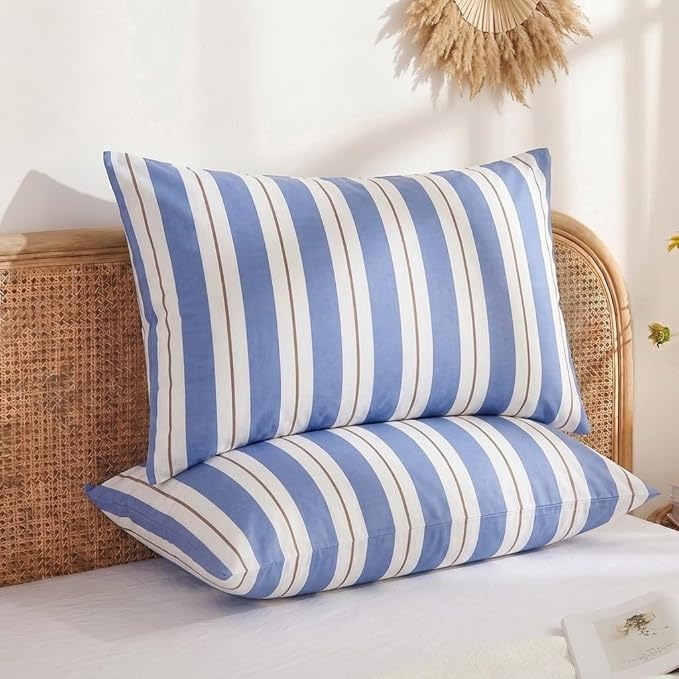 Merryword Blue and White Striped Pillowcases, King Size Pillowcases, 100% Cotton Pillow Cases, Soft Breathable Wide Stripes Pillow Covers, Set of 2