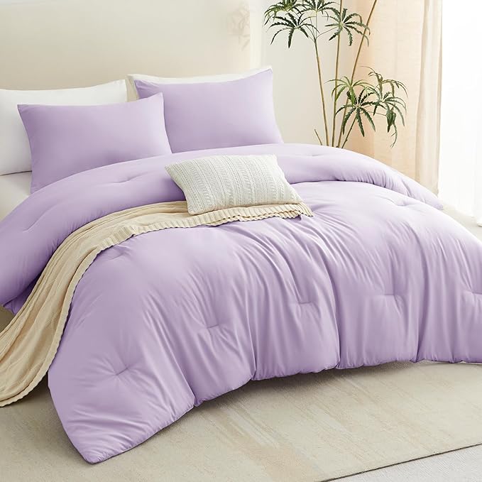 CozyLux Oversized King Comforter Set Lavender, 3 Pieces 120x98 Solid Breathable Bedding Sets All Seasons, Light Purple Luxury Soft Lightweight Bed Set with Down Alternative Comforter and 2 Pillowcases